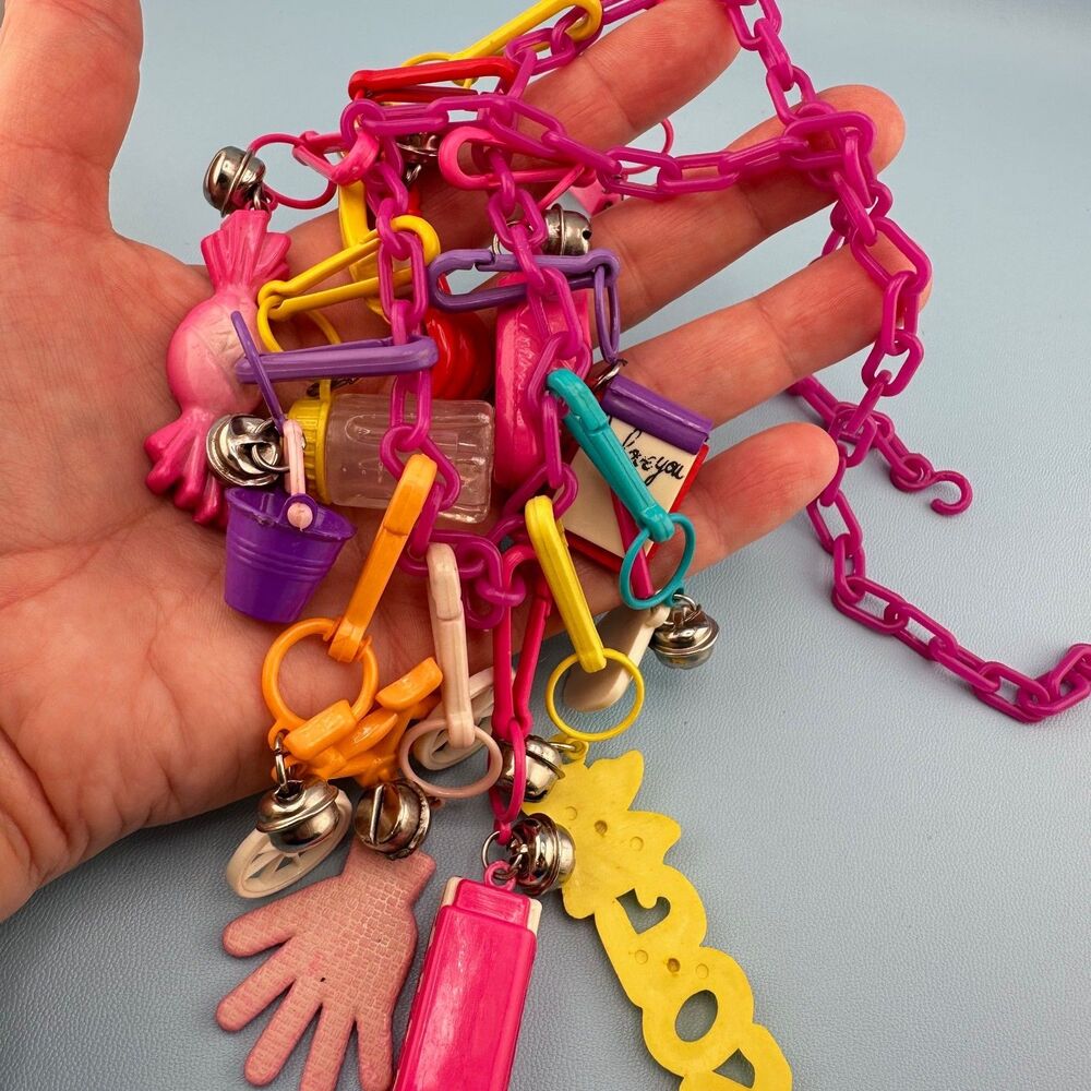 1980s Vintage Bell Clip Charm Necklace 19 Plastic Charms Pink Chain Retro Kid - Picture 13 of 14